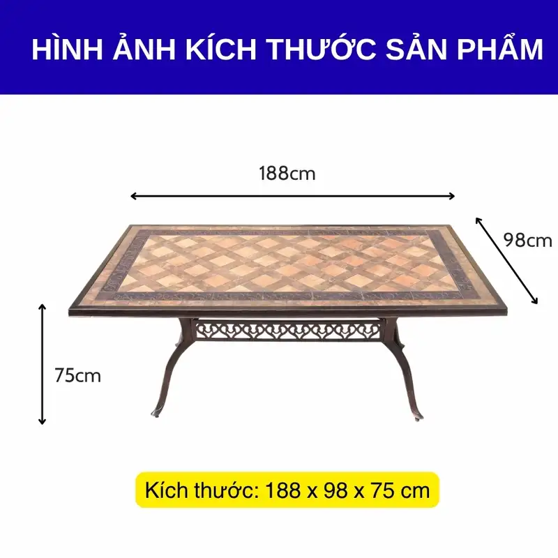 Kích thước bàn khung nhôm đúc mặt đá dùng ngoài trời