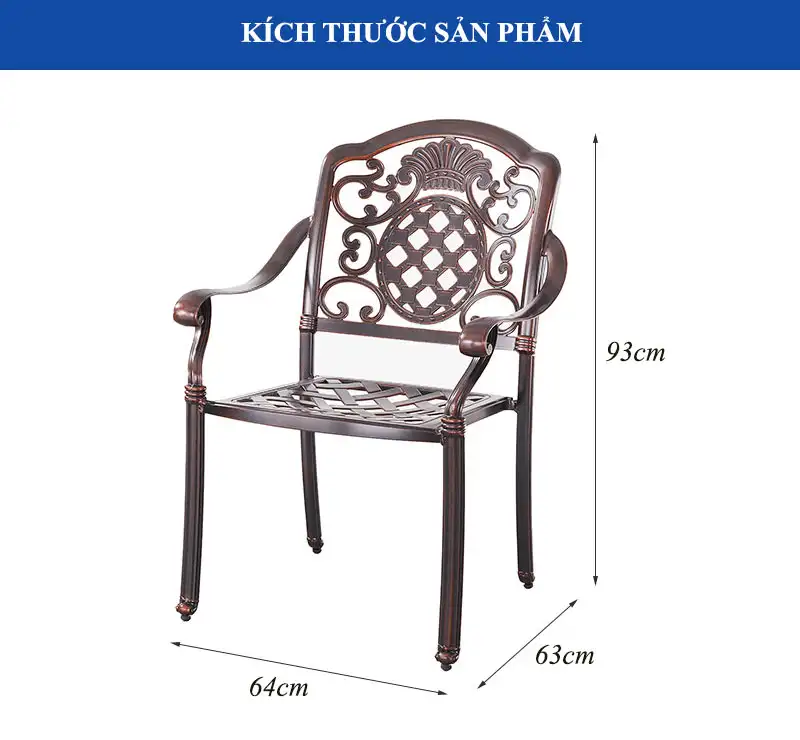 Kích thước ghế đơn có tựa bằng nhôm đúc ngoài trời