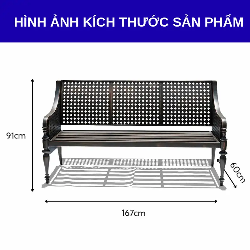 Kích thước ghế nhôm đúc dạng sofa 3 chỗ ngồi