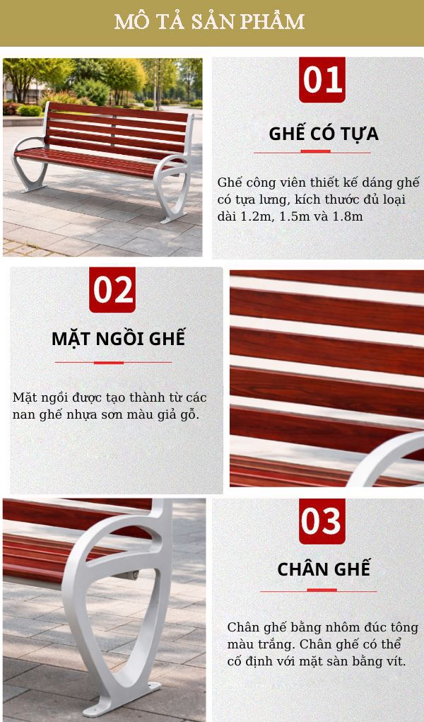 Chi tiết các đặc điểm thiết kế của Ghế băng dài có tựa lưng ngoài trời