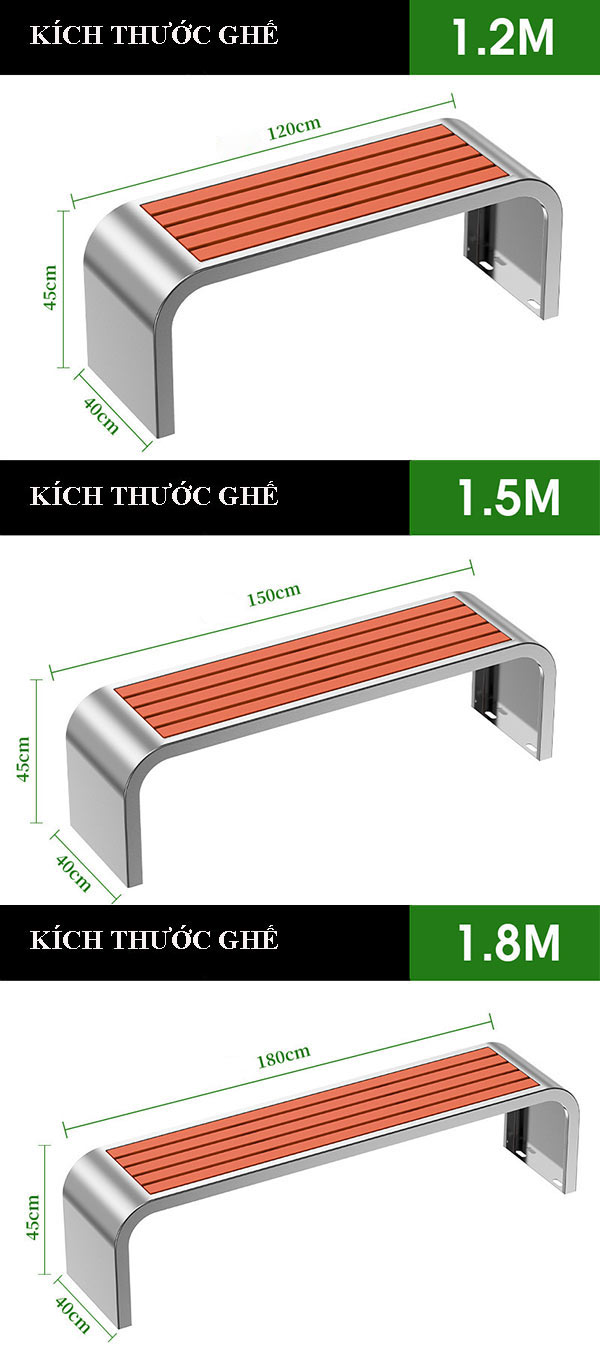 Mẫu ghế băng ngoài trời có 3 kích thước cho bạn lựa chọn