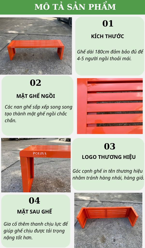 Ghế băng ngoài trời bằng thép 1.8m nhiều màu