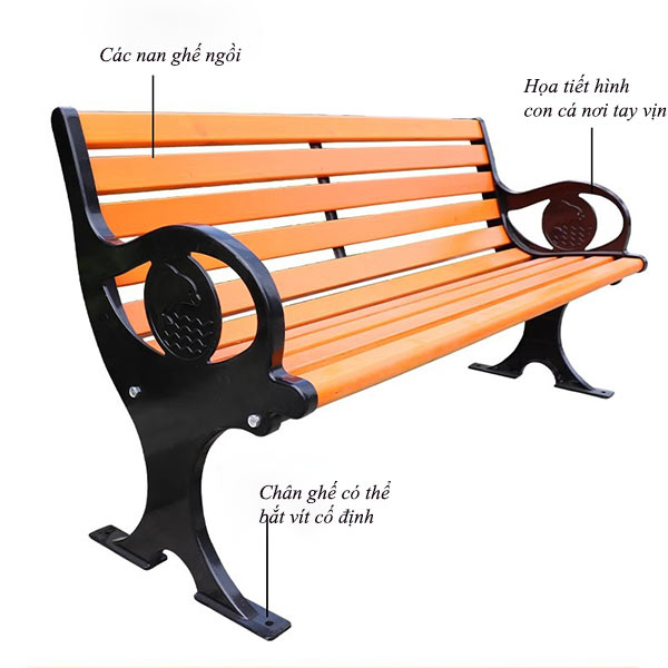 Các chi tiết cấu tạo ghế công viên gỗ nhựa tay vịn hình cá heo