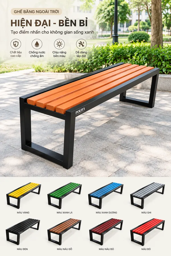 Bộ sưu tập ghế băng dài khung thép gỗ nhựa nhiều màu