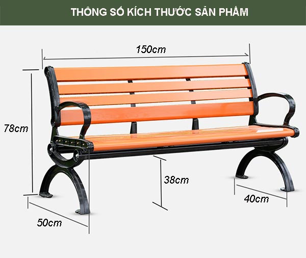 Chi tiết kích thước ghế công viên gỗ 1.5m