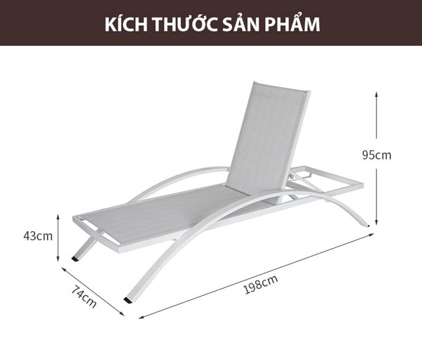 Kích thước ghế hồ bơi tiêu chuẩn, phù hợp cho 1 người nằm