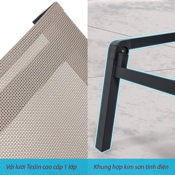 Cận cảnh khung ghế và mặt lưới của ghế hồ bơi