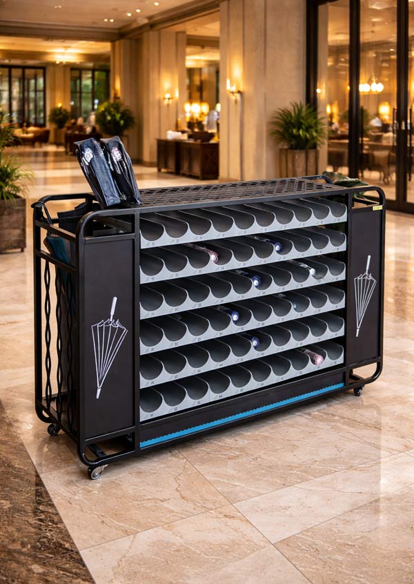 Mẫu giá treo ô dù loại 60 ngăn có bánh xe cỡ lớn