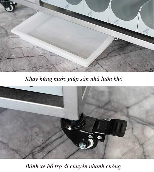 Chi tiết khay hứng nước và bánh xe của giá để ô