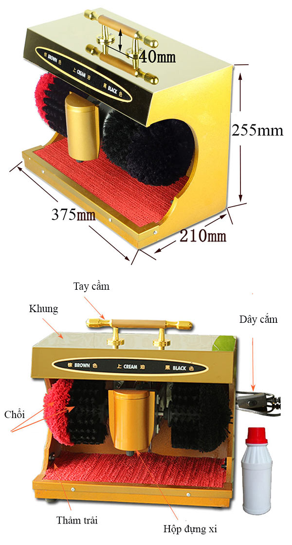 Chi tiết kích thước và các bộ phận máy đánh giày