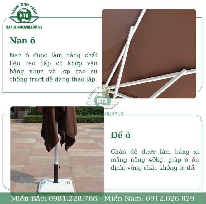 Nan ô che nắng chính tâm vuông được làm bằng chất liệu cao cấp kết hợp đế ô xi măng vững chắc ổn định