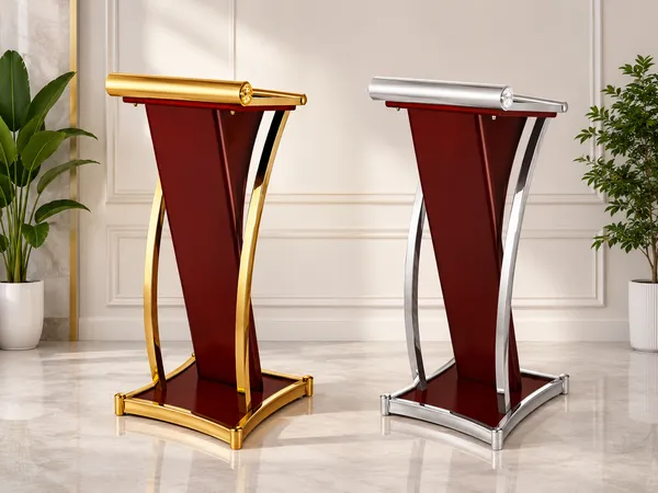 Bục phát biểu thép sơn tĩnh điện viền inox trắng và inox vàng