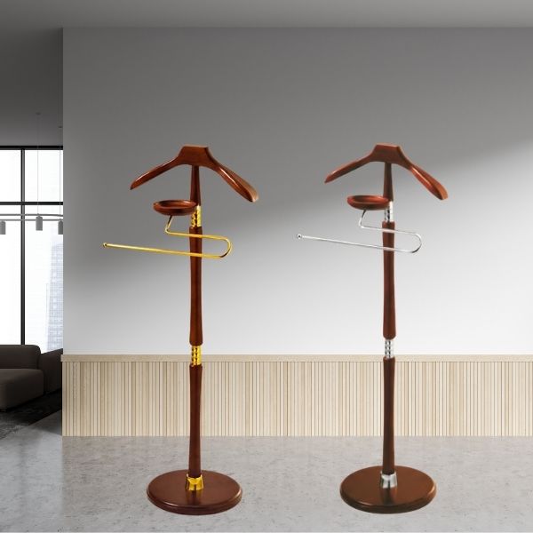 Cây treo áo vest bằng gỗ viền inox vàng hoặc inox trắng