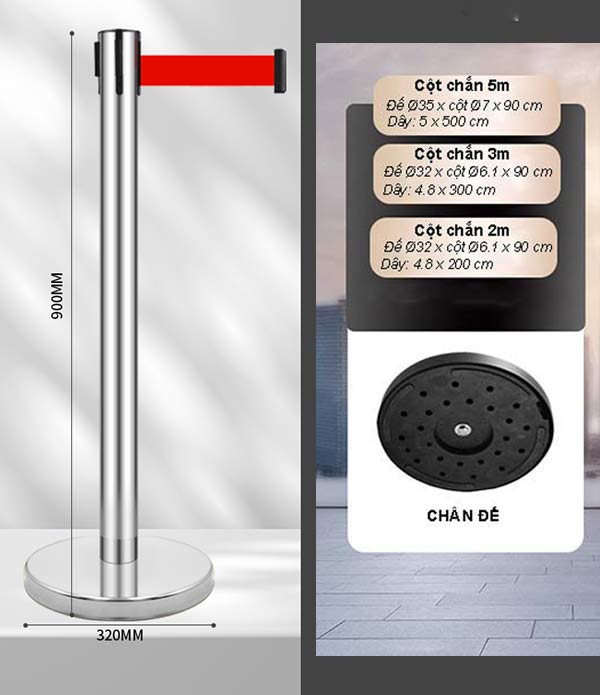 Cột chắn inox trắng có nhiều kích thước và màu sắc dây căng