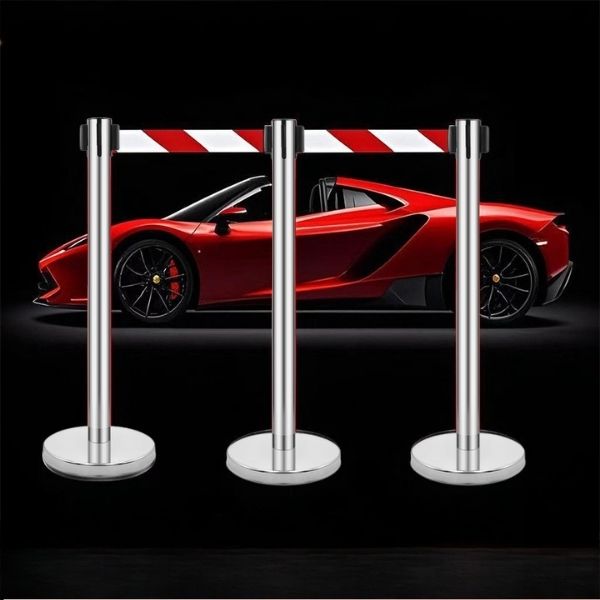 Mẫu cột chắn inox dây căng màu trắng kẻ đỏ