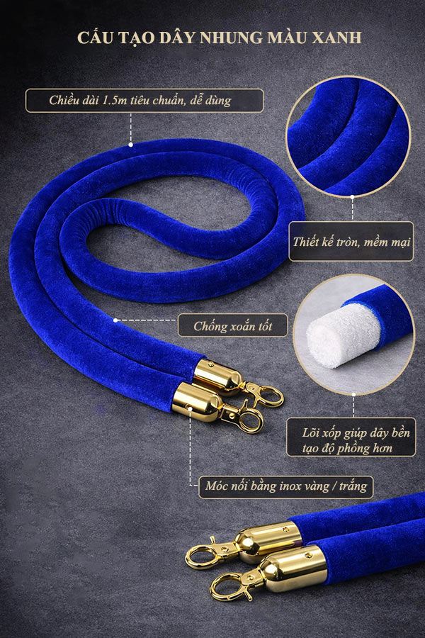 Chi tiết đặc điểm thiết kế phụ kiện dây nhung màu xanh biển của trụ chắn