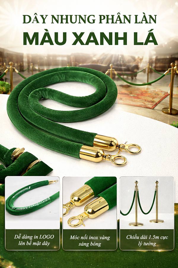Dây nhung cột chắn inox màu xanh lá đẹp, sang trọng