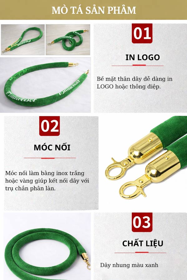 Đặc điểm thiết kế dây nhung màu xanh dùng cho cột chắn dây trùng