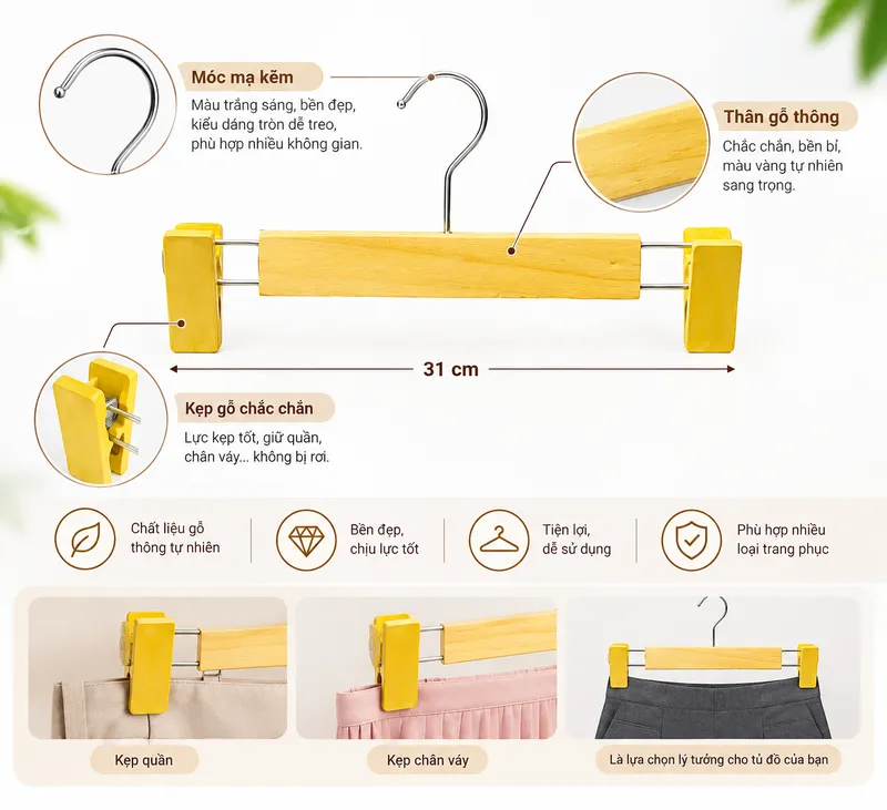 Đặc điểm thiết kế chung của kẹp treo quần áo bằng gỗ