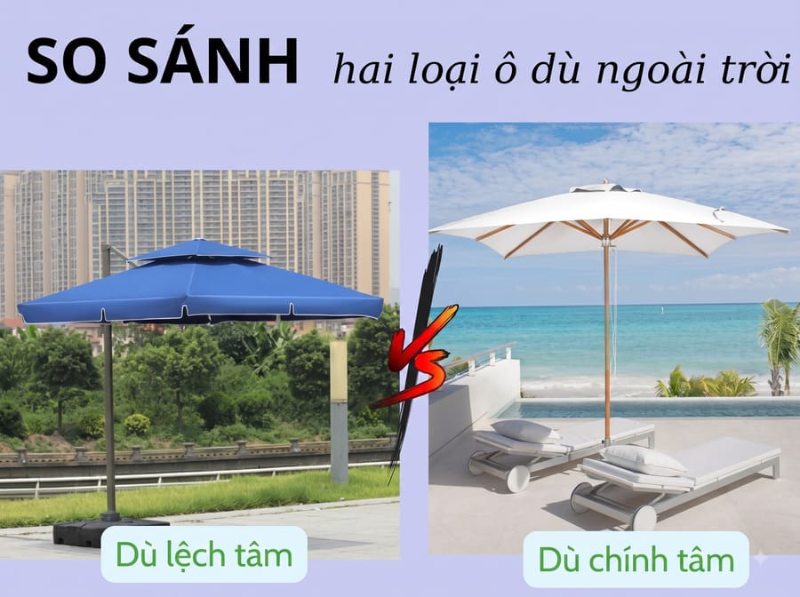 So sánh ô dù lệch tâm và ô dù chính tâm