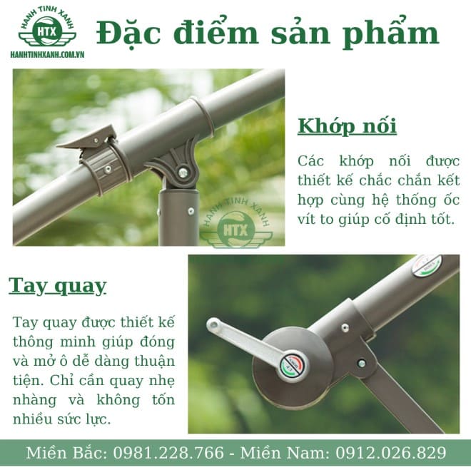 Khớp nối chắc chắn, tay quay thông minh giúp đóng mở ô dù thuận tiện