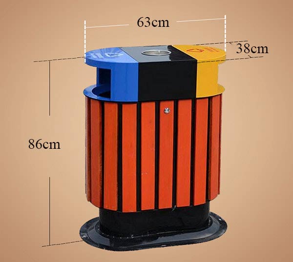 Kích thước thùng rác công viên chất liệu thép phun sơn kết hợp giả gỗ