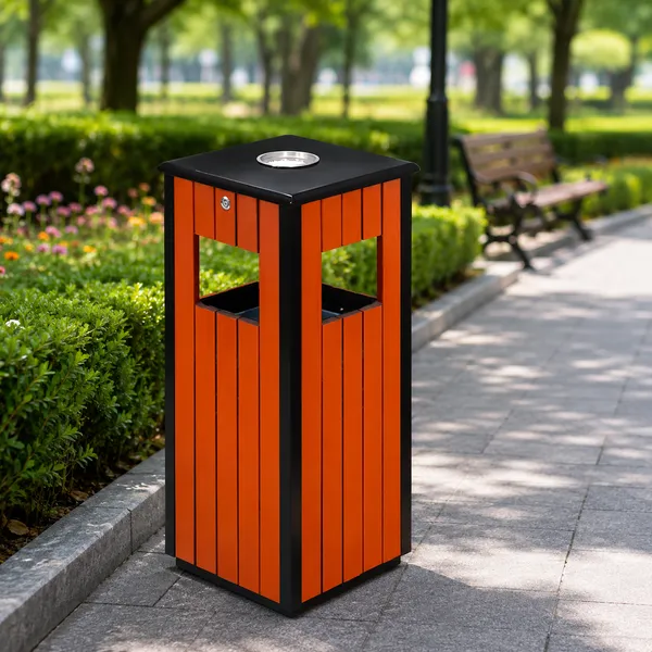 Mẫu thùng rác giả gỗ có kèm gạt tàn thuốc