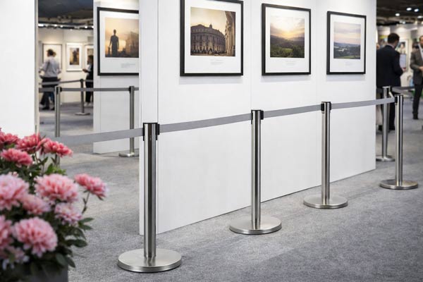 Cột chắn dây kéo căng màu ghi phân làn tại triển lãm