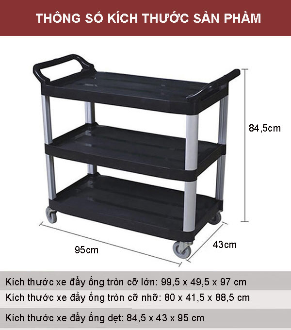 Kích thước xe đẩy thức ăn nhựa 3 tầng
