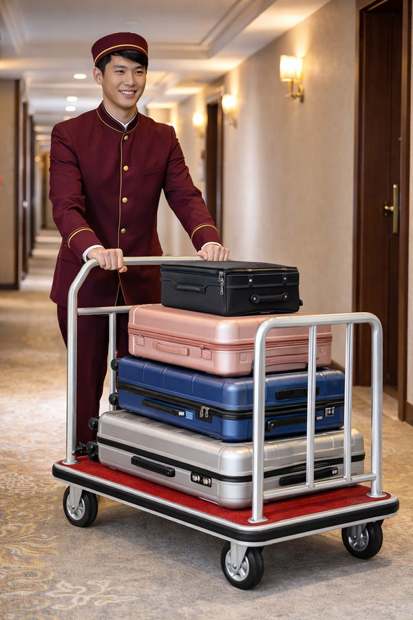 Bellman đẩy xe kéo hành lý chữ U trong khách sạn