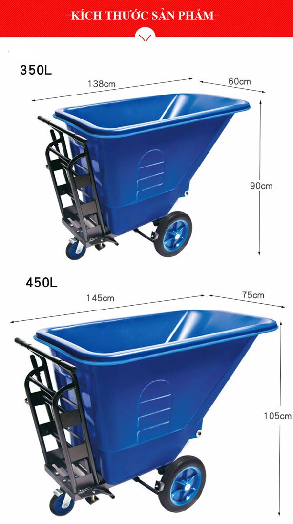 Kích thước xe đẩy rác 350l và 450l