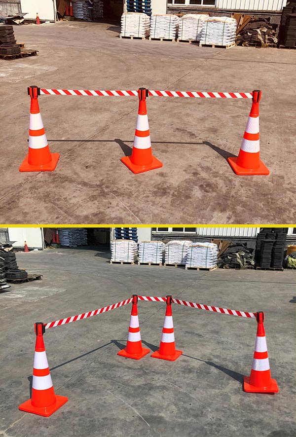 Cọc tiêu kết hợp cùng với dây kéo tạo ra hàng rào bảo vệ di động 