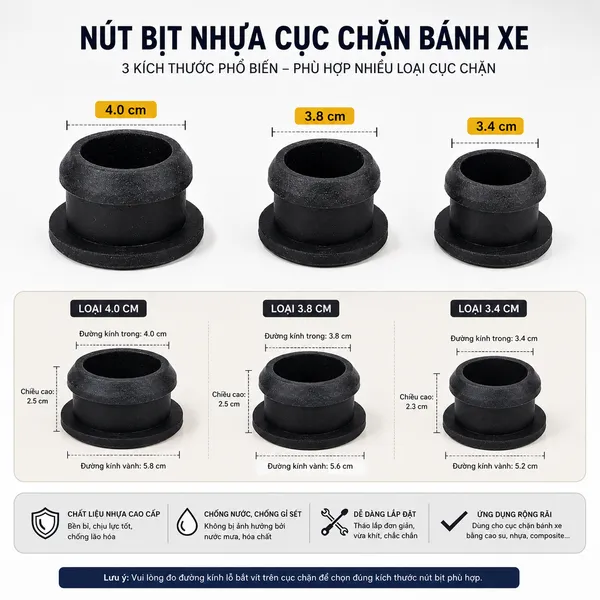 Chi tiết kích thước nút bịt nhựa cục chặn bánh xe