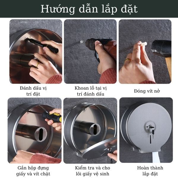 Các bước lắp đặt hộp đựng giấy vệ sinh bằng inox