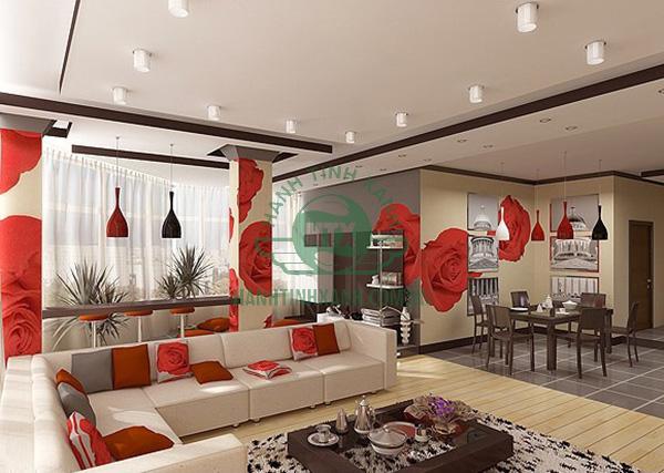 trang trí phòng khách gắn với phòng bếp