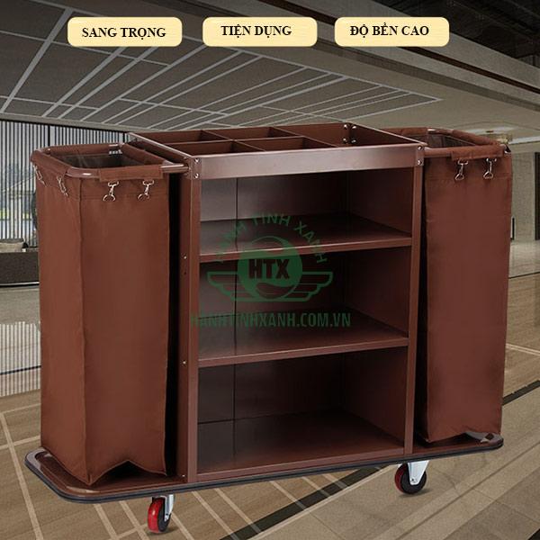 Mẫu xe đẩy dọn vệ sinh phòng khách sạn làm từ thép phun sơn màu nâu sậm