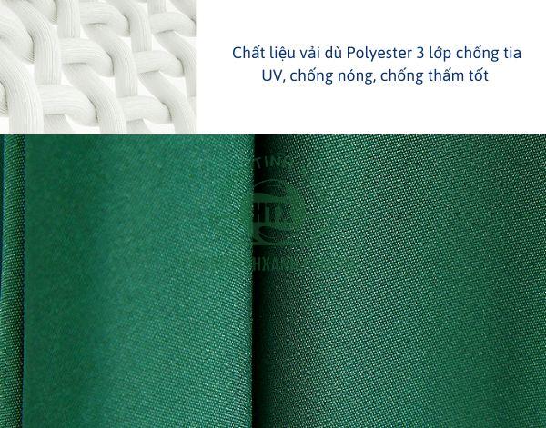 Chất liệu vải dù Polyester độ bền cao, chống thấm, chống tia UV tốt