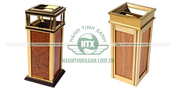 Thùng rác inox mạ vàng bọc da giả gỗ