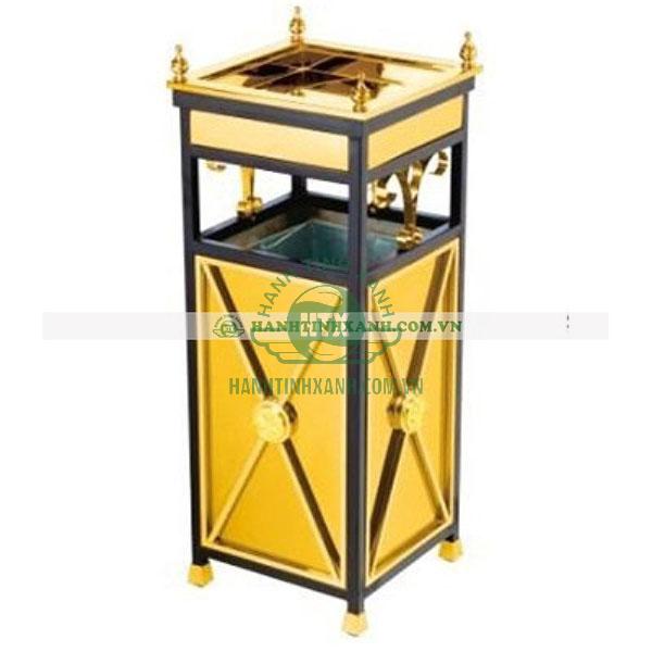 Thùng rác inox mạ vàng có gạt tàn thuốc lá