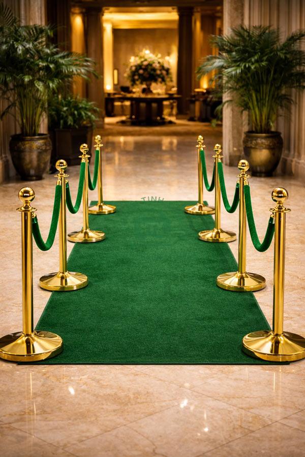 Cột chắn sự kiện dùng dây nhung màu xanh lá