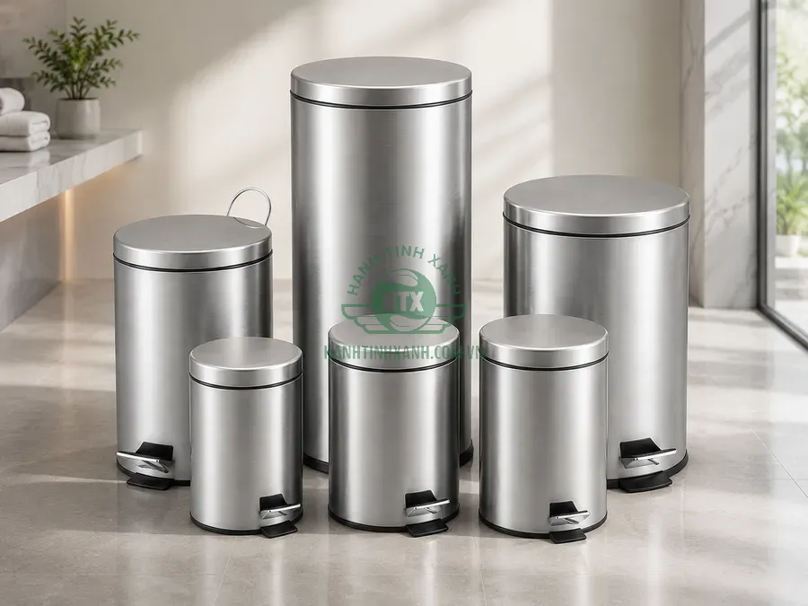 Thùng rác inox đạp chân tròn nhiều kích thước