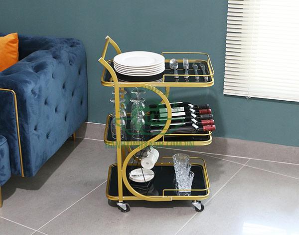 Xe đẩy rượu inox mặt kính đen