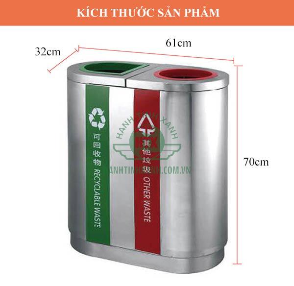 Kích thước thùng rác đôi phân loại rác bằng inox