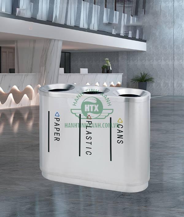 Mẫu thùng rác hỗ trợ phân loại rác thải 3 ngăn bằng inox