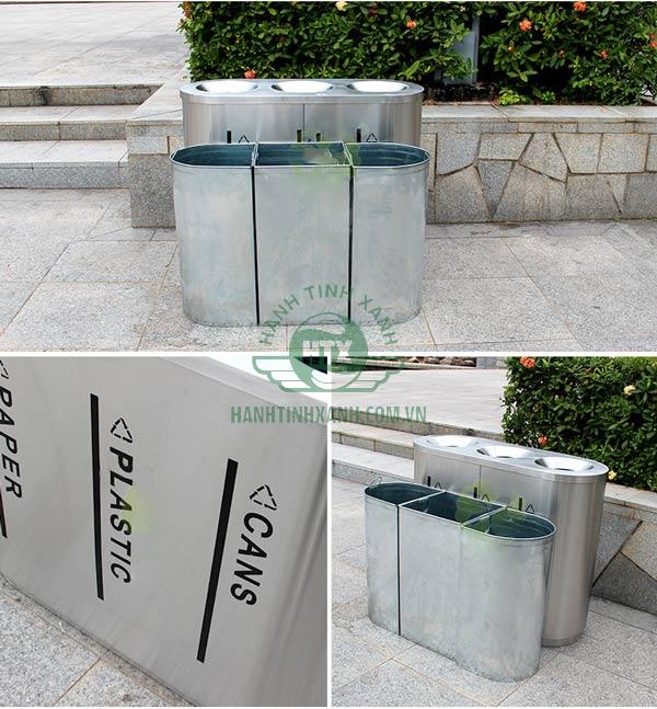 Mẫu thùng rác 3 ngăn bằng inox thiết kế đẹp, tiện dụng