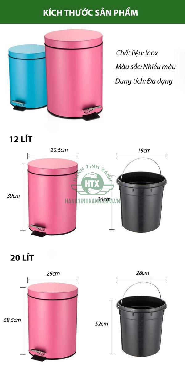 Tham khảo kích thước thùng rác đạp chân inox nhiều màu