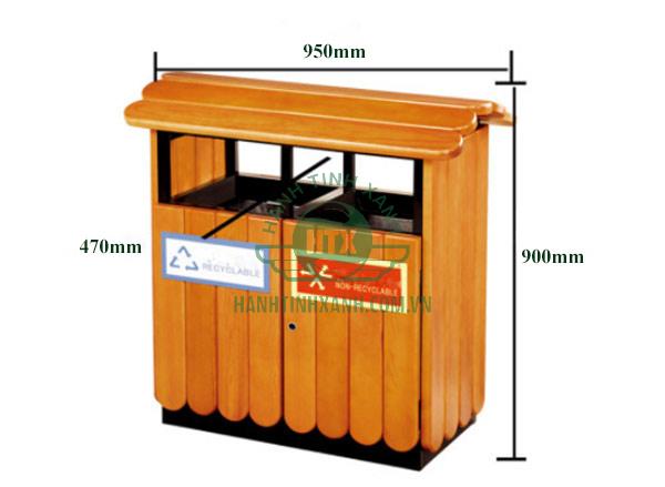 Kích thước thùng rác ngoài trời bằng gỗ kết cấu 2 ngăn