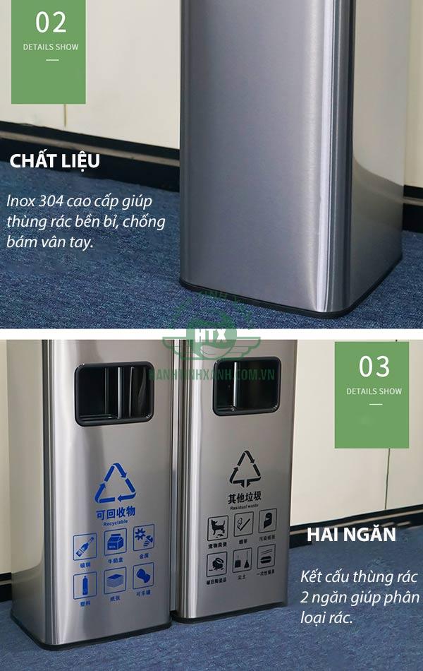Cấu tạo thùng rác inox 2 ngăn có gạt tàn