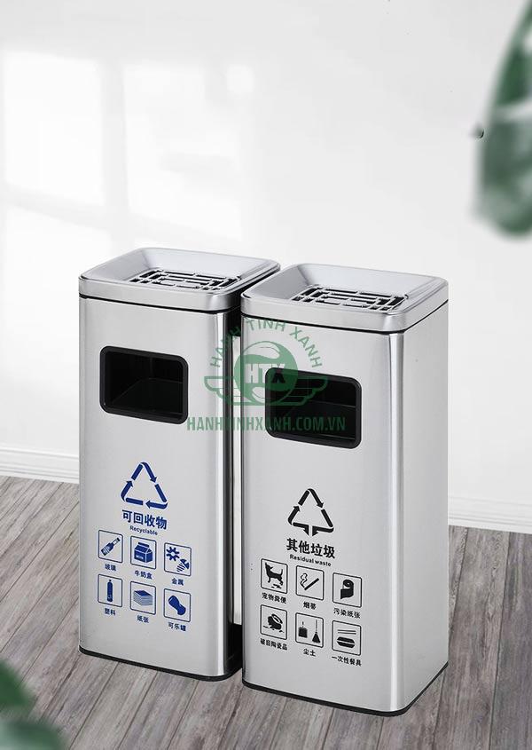 Thùng rác inox kiểu dáng trụ vuông 2 ngăn