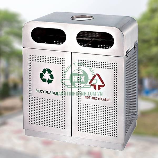 Mẫu thùng rác ngoài trời 2 ngăn sản xuất từ inox loại tốt